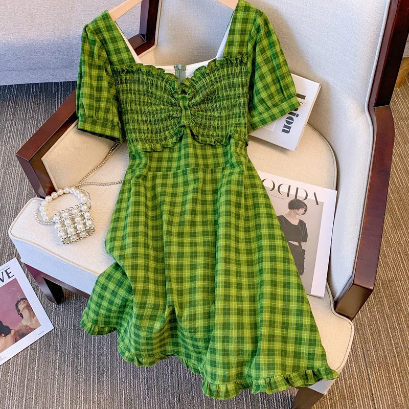 Plus Size Korean Checks Green Dress