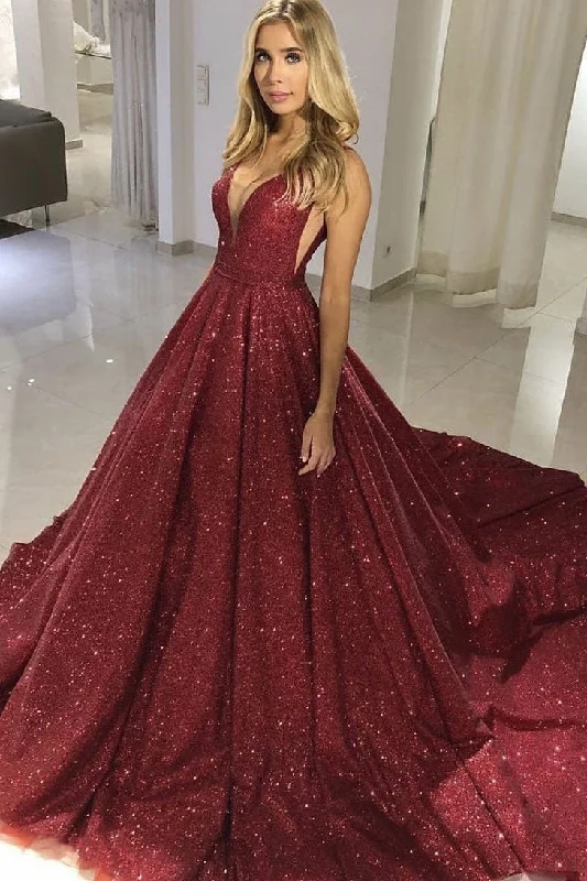 Sparkly Tight Long Ball Gown Sequin Shiny Burgundy Princess Quinceanera Dresses