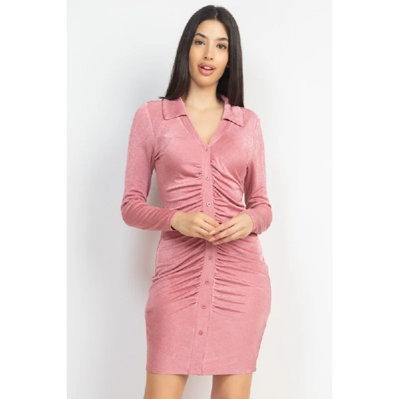 Long Sleeve Collared Button-down Bodycon mini Dress Shirt Bodycon Dress Fit