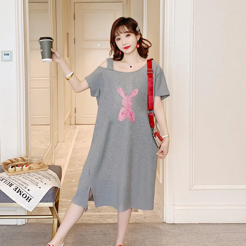 Plus Size Cotton Rabbit Off Shoulder T Shirt Dress