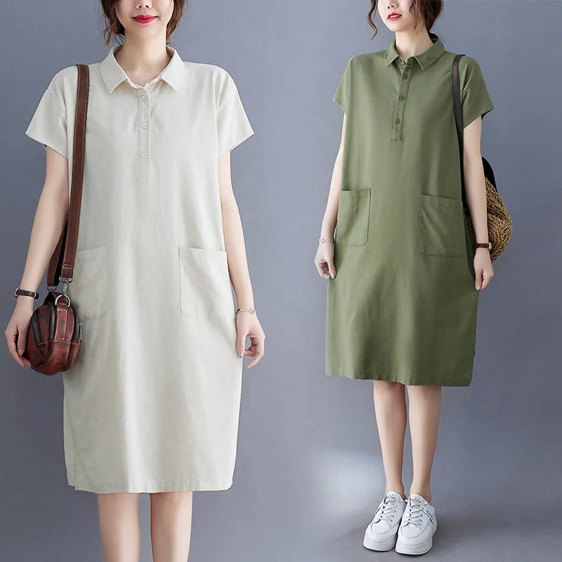 Plus Size Cotton Linen Pocket Polo Dress