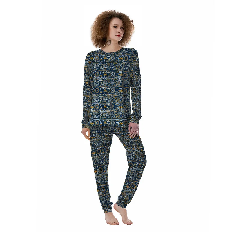 Ancient Egyptian Tribal Blue Print Pattern Women's Pajamas