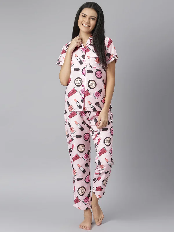 Women's Pink Makeup Digital Printed Night Suit Set - Stylestone