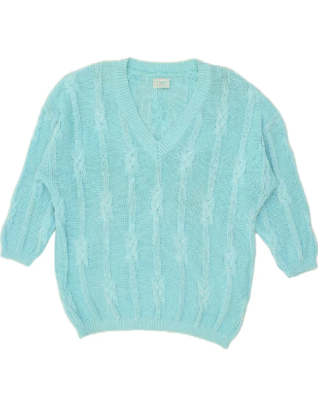 BENETTON Womens 3/4 Sleeve V-Neck Jumper Sweater IT 48 XL Turquoise Cotton