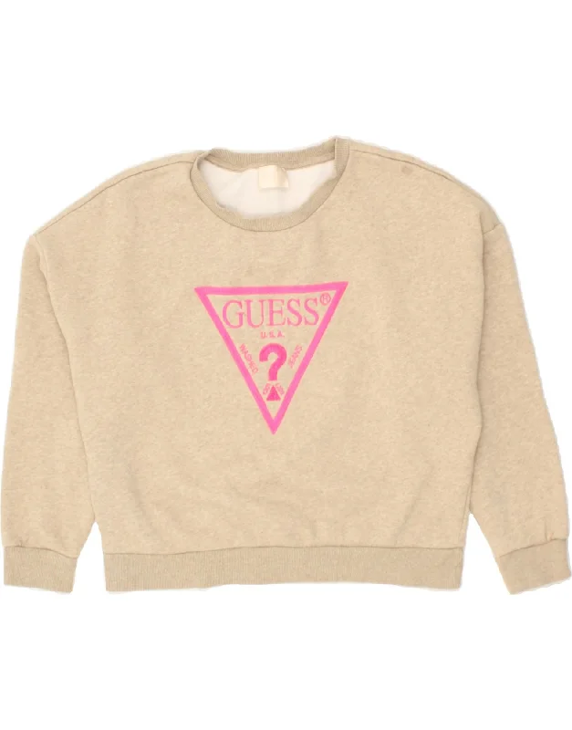 GUESS Womens Oversized Graphic Sweatshirt Jumper UK 8 Small  Beige Cotton