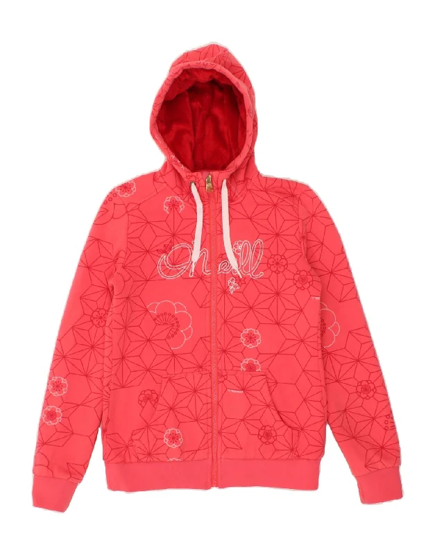 O'NEILL Womens Graphic Zip Hoodie Sweater UK 14 Medium Pink Floral Cotton