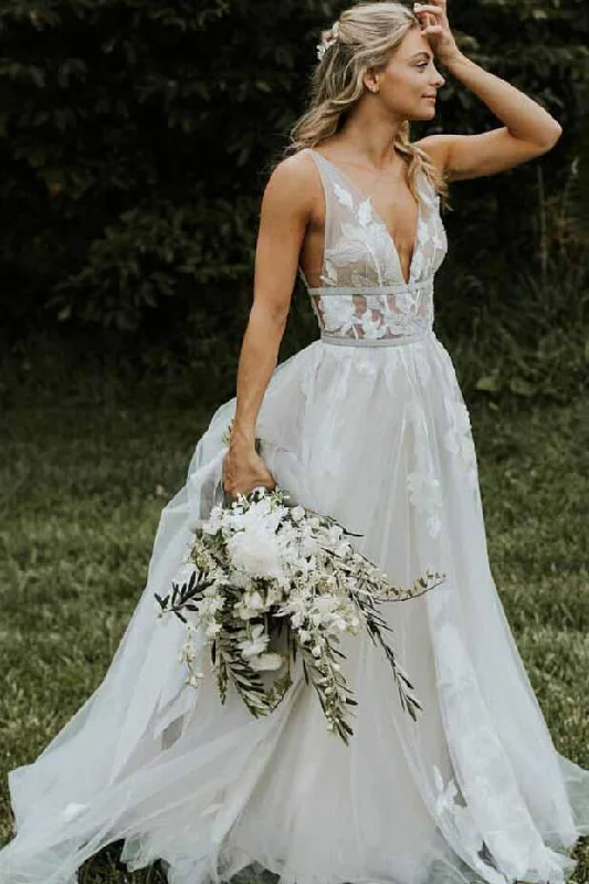 Chic V Neck Ivory Lace Appliques V Back Wedding Dresses with Appliques Lace up W1017