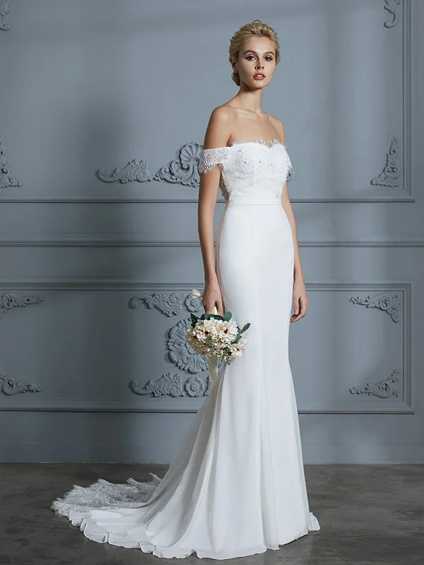 Trumpet/Mermaid Off-the-Shoulder Sleeveless Lace Chiffon Sweep/Brush Train Wedding Dresses TPP0006339