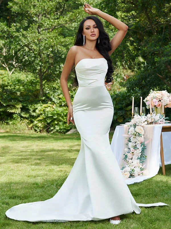 Trumpet/Mermaid Satin Ruched Strapless Sleeveless Sweep/Brush Train Wedding Dresses TPP0006371