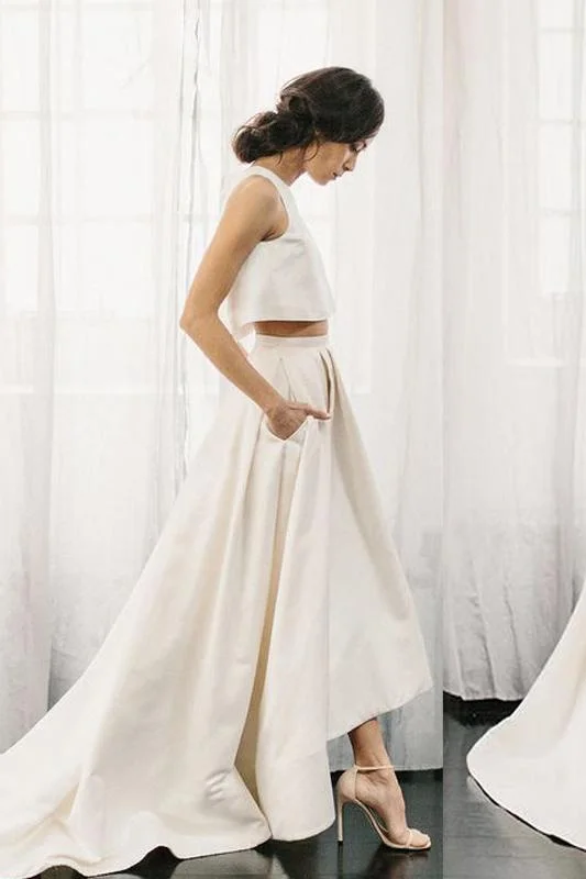 Chic Two Pieces Satin Ivory High Neck High Low Wedding Dresses with Pockets Bridal Dress W1027