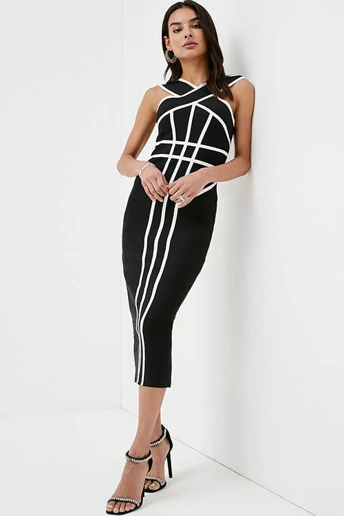 Black Bandage Dress Bandage Midi Dress with Slit Striped Dress