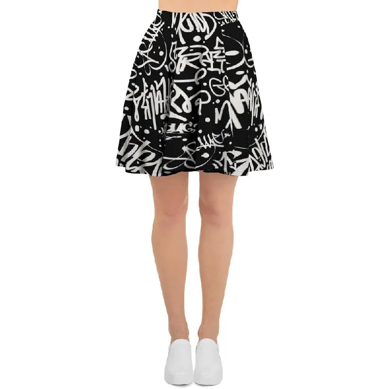 White And Black Graffiti Doodle Text Print Women's Skirt