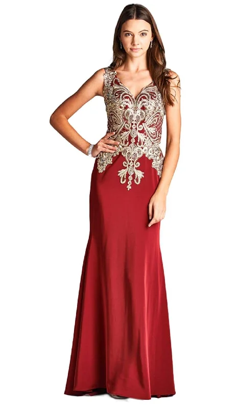 Aspeed Design - Embroidered V-neck Sheath Evening Dress