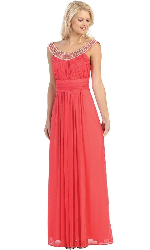 Eureka Fashion - 2027 Pearl Embroidered Neckline Chiffon A-Line Gown