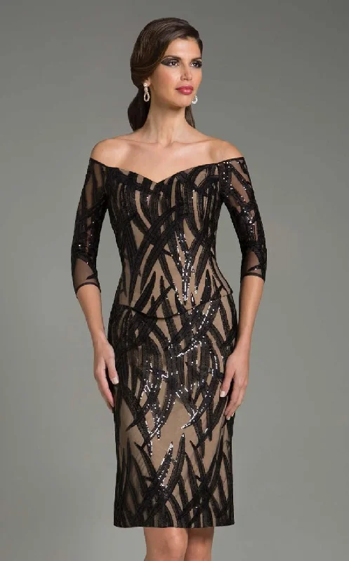 Feriani Couture Beaded Print Off Shoulder Cocktail Dress - 1 pc Black/Nude In Size 16 Available