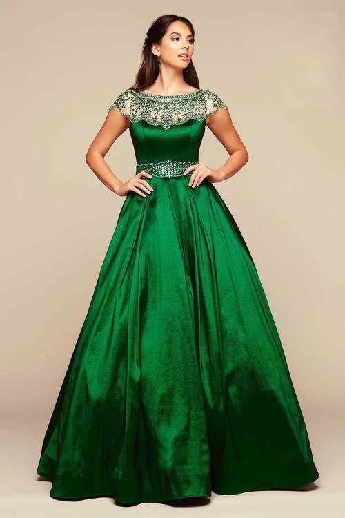 Mac Duggal Embellished Sheer Bateau Ballgown in Emerald 48421