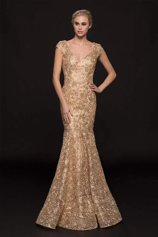 Marsoni by Colors M212 Fitted Lace V-Neck Mermaid Gown - 1 pc Gold in size 12 Available