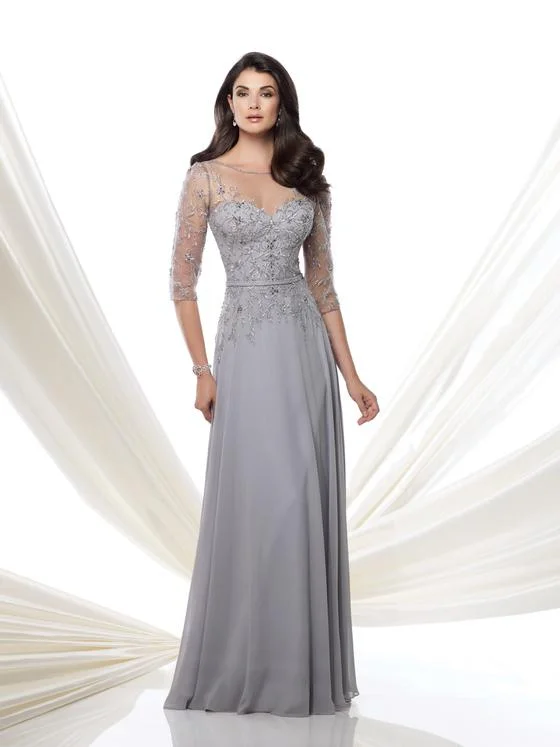 Mon Cheri Illusion Bateau Neck Gown in Silver 115971W