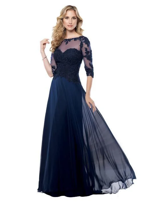 Mon Cheri Lace Applique A-line Gown in Navy Blue 115968W