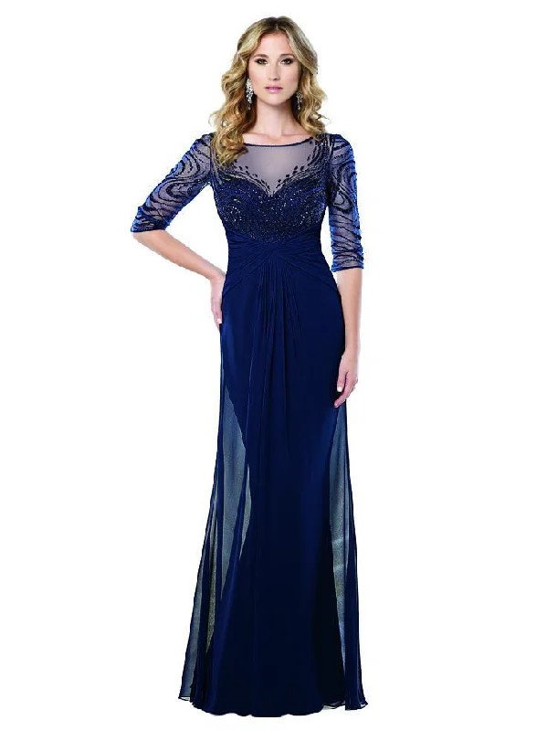 Mon Cheri Ruched Beaded Gown 215919W 1 pc Navy Blue In Size 20W Available