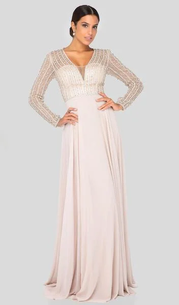 Terani Couture - Bead-Striped Sheer Long Sleeve Chiffon Gown 1911M9326 - 1 pc Champagne In Size 20 Available