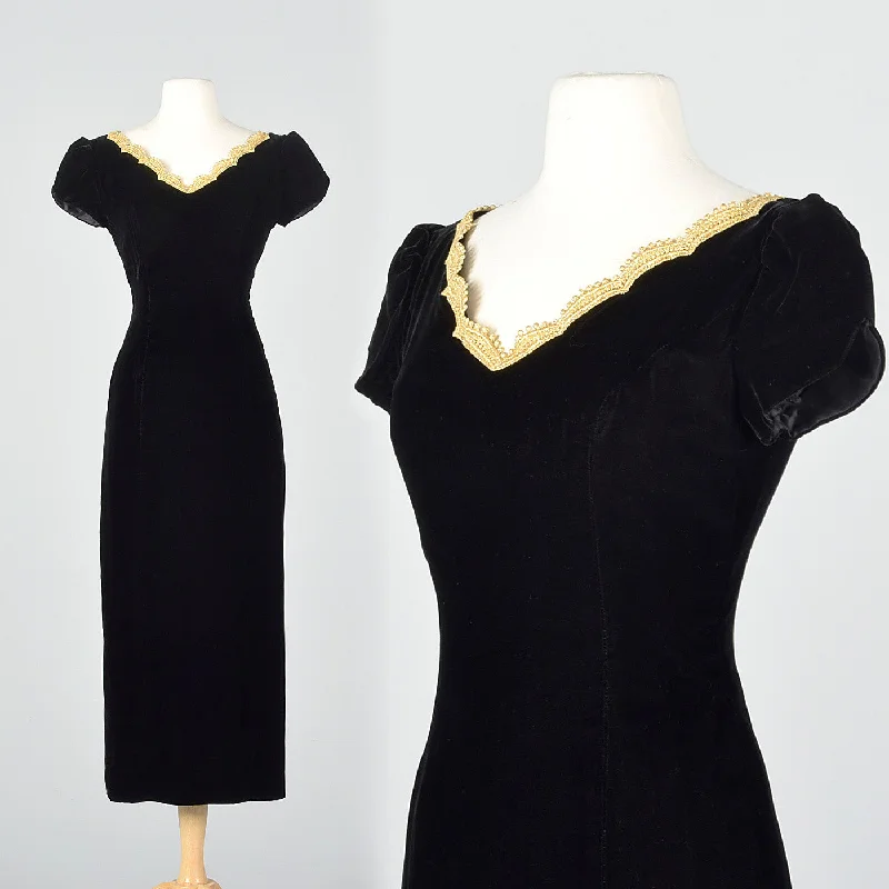 1950s Black Velvet Wiggle Dress with Gold Trim Collar