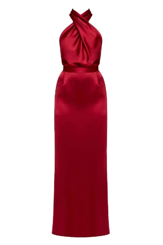 ALIUR DEEP RED HALTER NECK EVENING DRESS