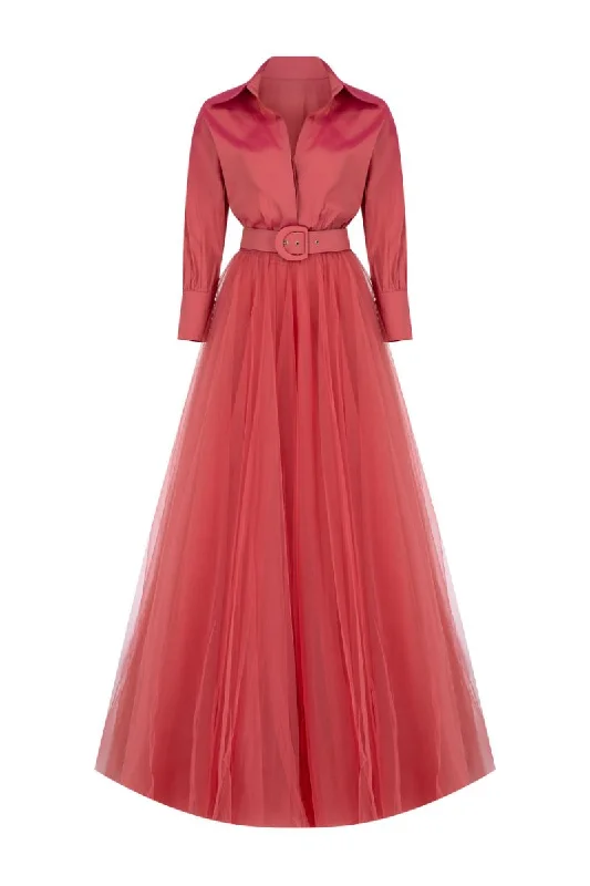 ARZU TERRACOTTA COLLARED V-NECK GOWN