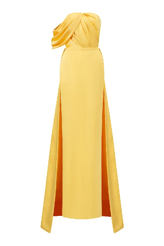 ASYMMETRICAL DRAPED STRAPLESS COLUMN SILK GOWN