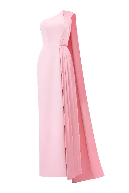 ASYMMETRICAL SHOULDER COLUMN GOWN WITH PLEATED DETAILS