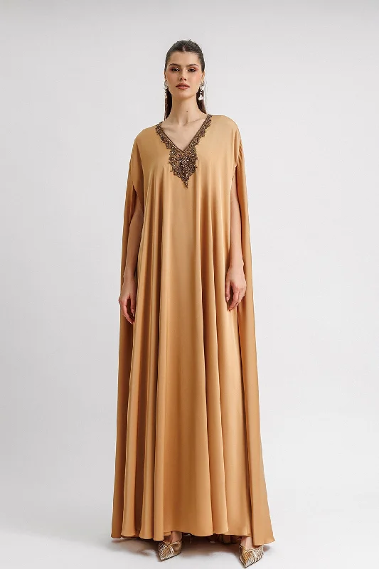 Beaded neckline caramel kaftan