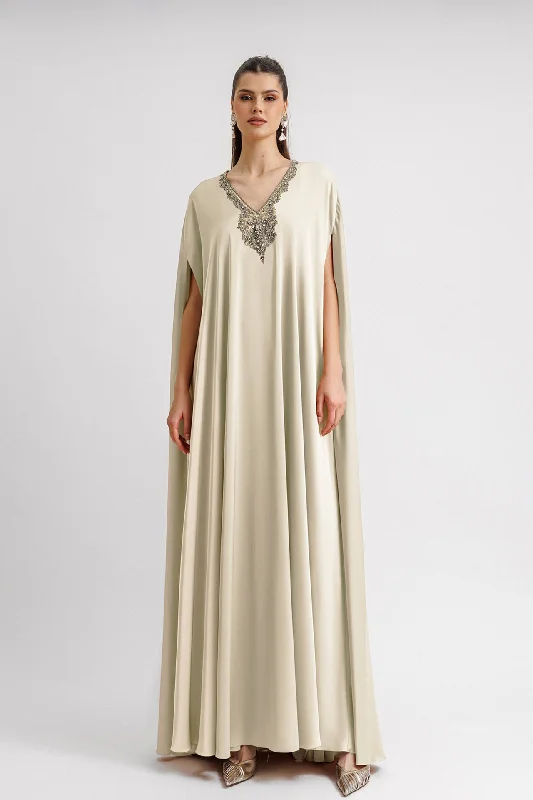 Beaded neckline cream kaftan