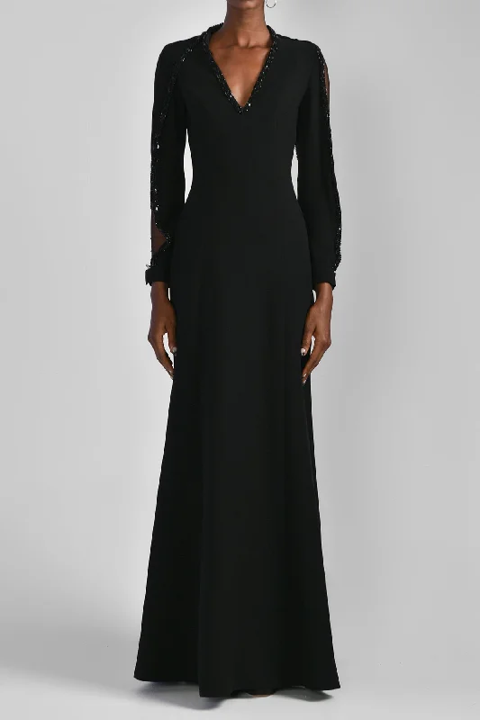 Beaded neckline crepe flared dress