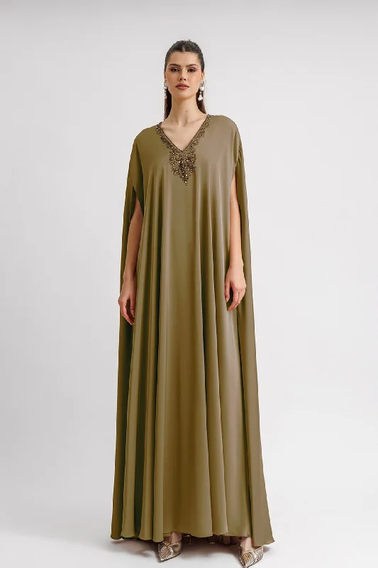 Beaded neckline olive kaftan