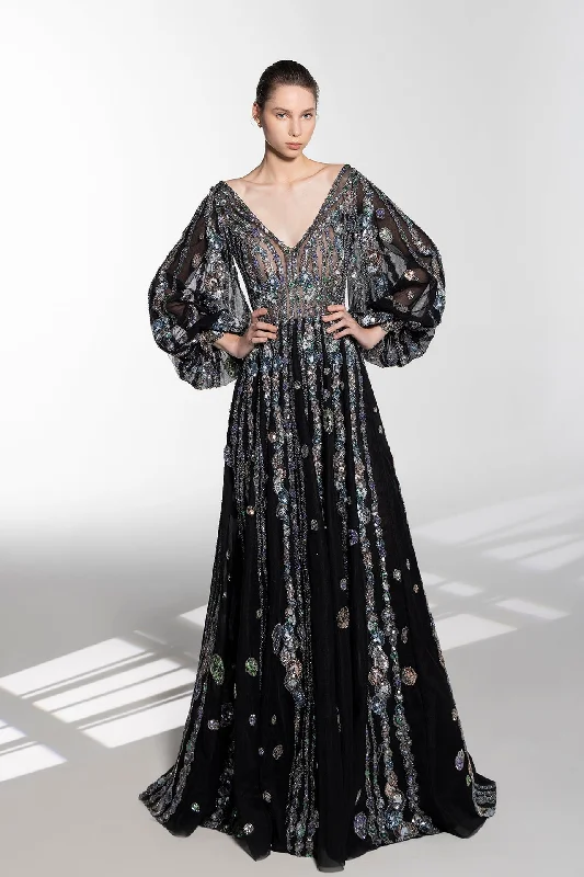 Bell sleeves fully beaded gown