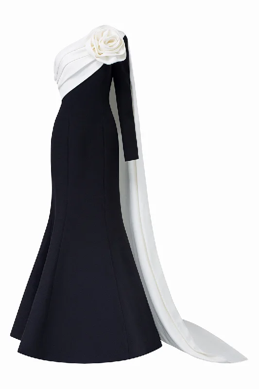 BLACK ASYMETRICAL SHOULDER GOWN WITH DRAPED ROSE