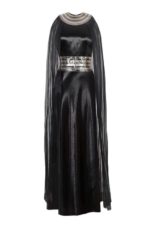 BLACK FALL-PANELLED TEXTURED SATIN GOWN