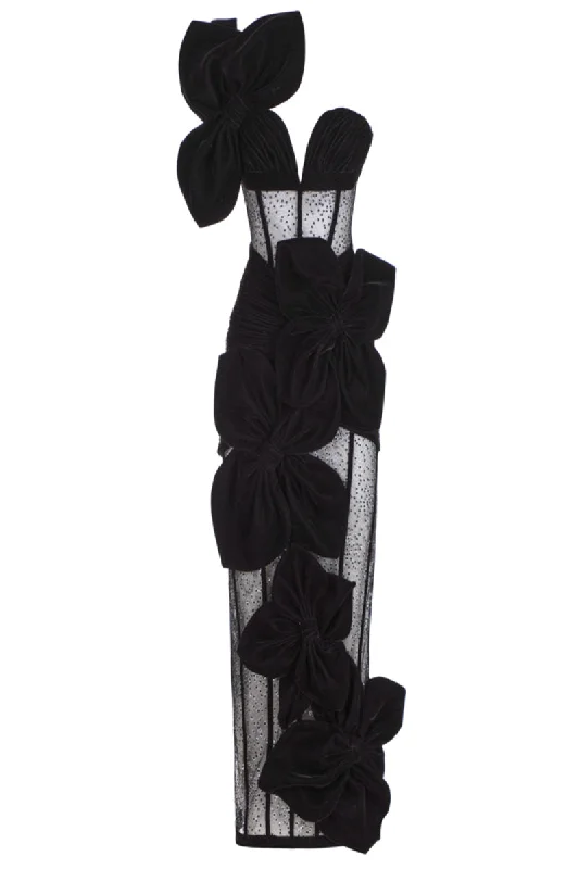 BLACK FLOWER CORSET VELVET ANKLE LENGTH DRESS