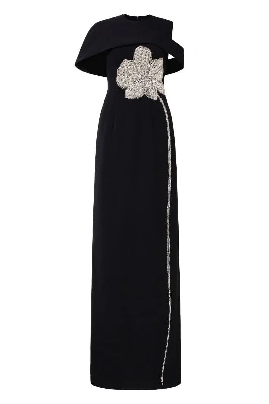 BLACK STONE ORCHID ASYMMETRIC SHOULDER GOWN AND CAPE