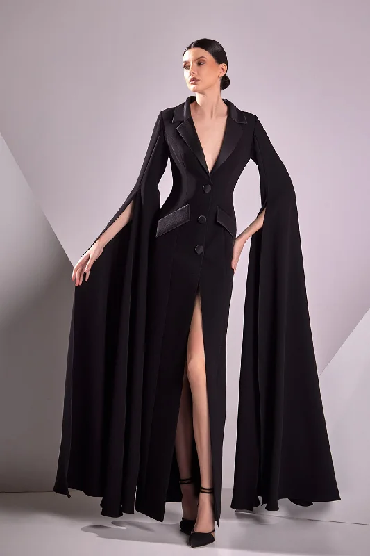 Cape sleeves crepe and satin dress