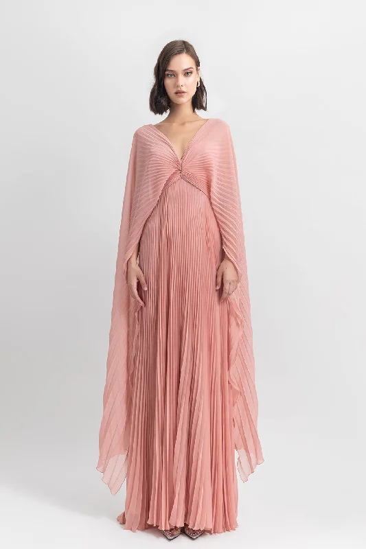 Cape sleeves pleated chiffon dress