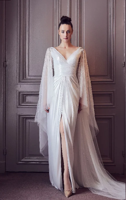 Cape sleeves pleated gown