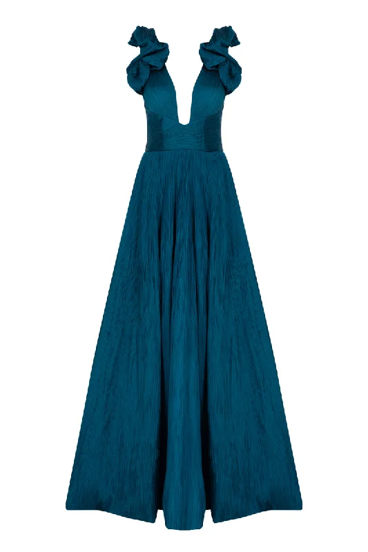 CAPRICE TURQUOISE RUFFLED V-NECK GOWN