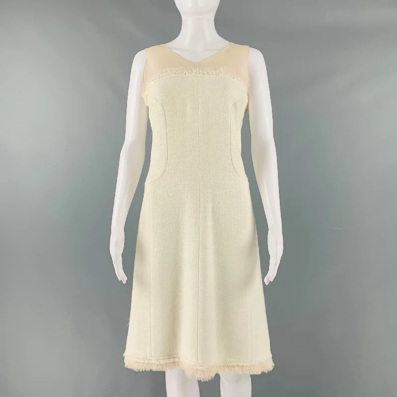 CHANEL Size 8 Cream Cotton  Acrylic Sleeveless Mid-Calf Dress