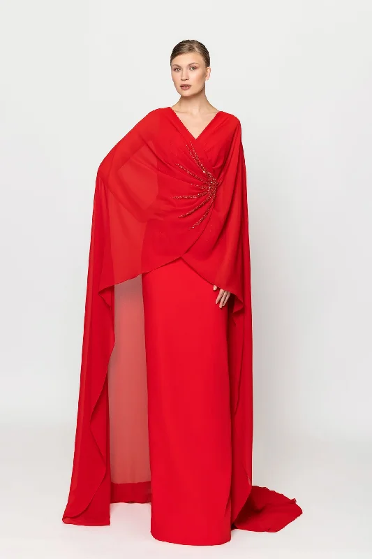 Crepe dress with overlapped embellished cape