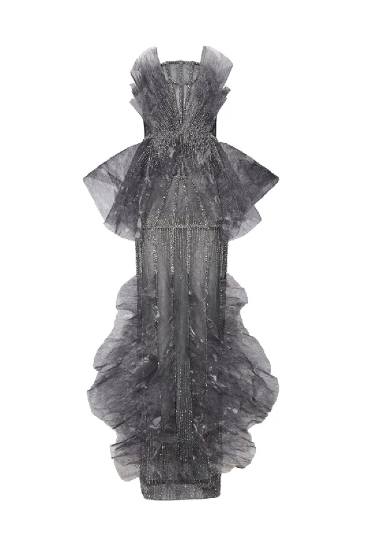 DARK GRAY PLEATED CHIFFON GOWN WITH CRYSTAL EMBROIDERY