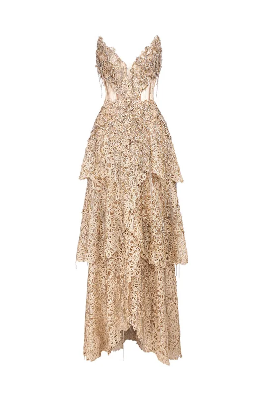 DEEP GOLD VNECK CORSET DRESS WITH METALLIC BEAD EMBROIDERY AND PLAYFUL FRINGES