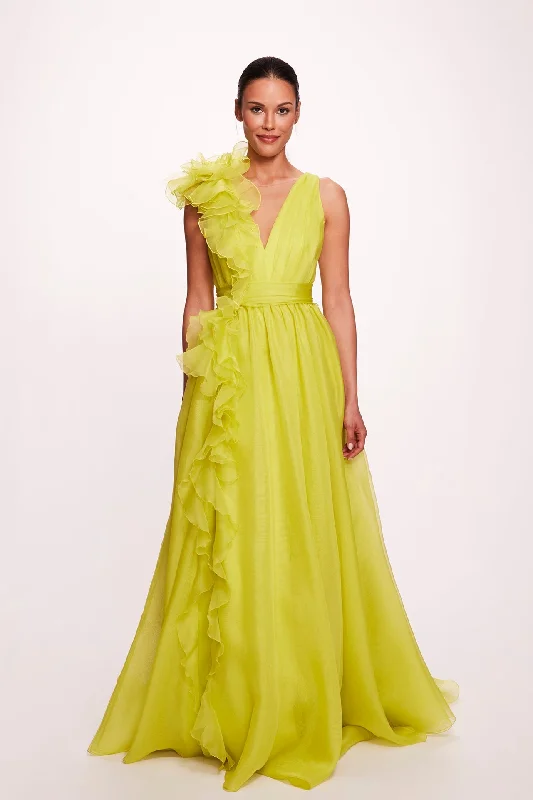 Deep V-Neck organza gown with ruffle detail and front slit