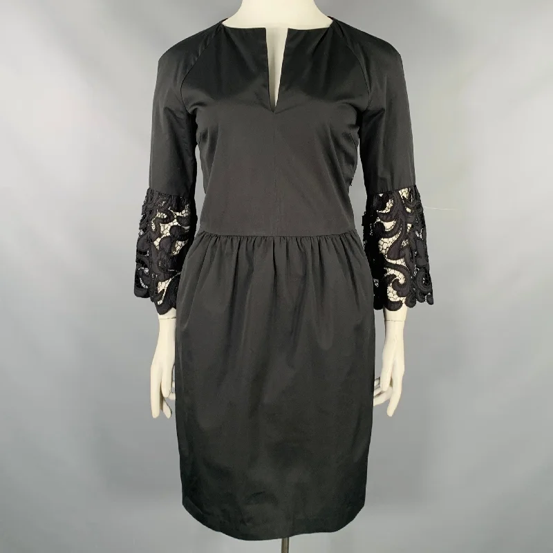 DRIES VAN NOTEN Size 10 Black Cotton Embroidered 3/4 Sleeves Dress