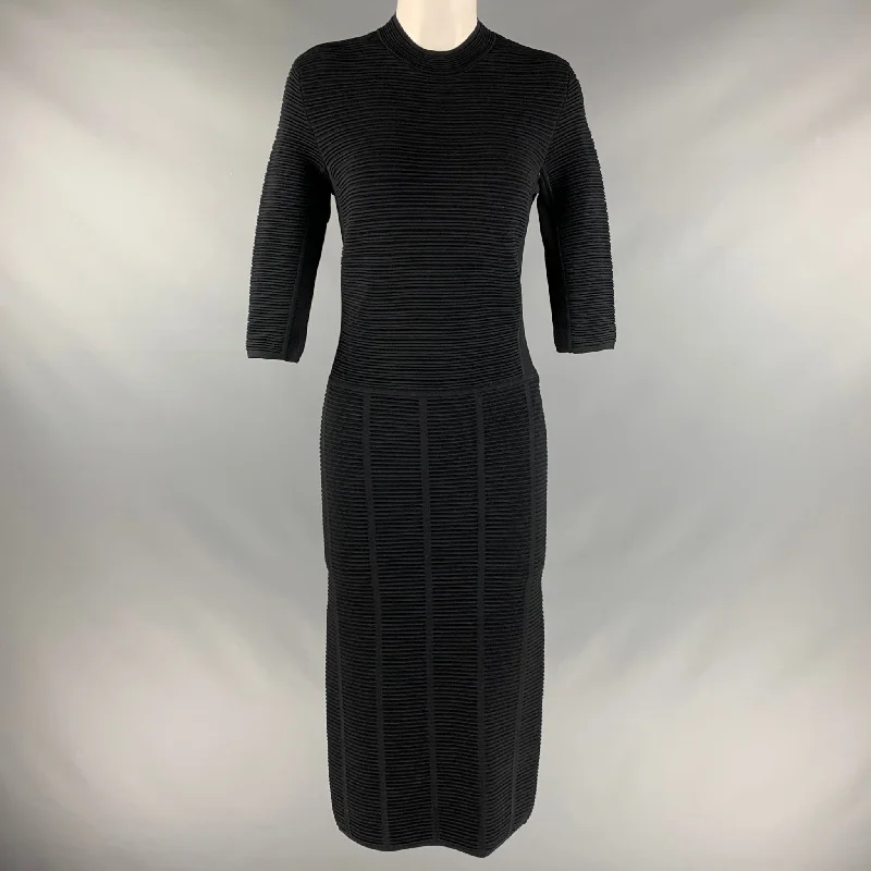 EMPORIO ARMANI Size 6 Black Ribbed 3/4 Sleeves Mid-Calf Dress